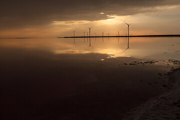 Image showing Group of wind turbines on the coastline.