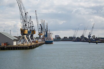 Image showing Industrial ships in dock with rotterdam city view