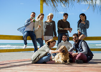 Image showing Group of friends having fun on autumn day at beach