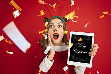 Image showing Greeting flyer for ad. Concept of Christmas, 2021 New Year\'s, winter mood, holidays. Copyspace, postcard.