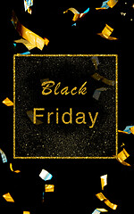 Image showing Flyer with golden confetti inviting for shopping in black friday, sales concept. Vertical flyer, black background