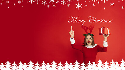 Image showing Greeting flyer for ad. Concept of Christmas, 2021 New Year\'s, winter mood, holidays. Copyspace, postcard.