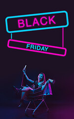 Image showing Beautiful woman inviting for shopping in black friday, sales concept. Vertical flyer, neoned style, dark background