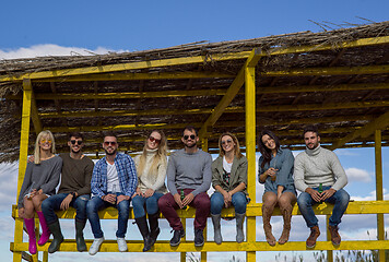 Image showing Group of friends having fun on autumn day at beach