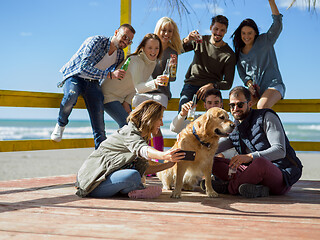 Image showing Group of friends having fun on autumn day at beach