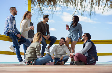 Image showing Group of friends having fun on autumn day at beach