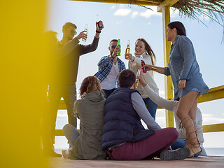 Image showing Group of friends having fun on autumn day at beach