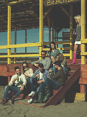 Image showing Group of friends having fun on autumn day at beach