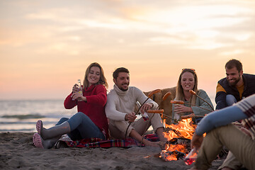 Image showing Group Of Young Friends Sitting By The Fire at beach