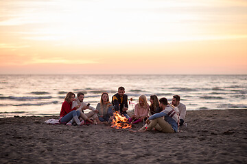 Image showing Group Of Young Friends Sitting By The Fire at beach