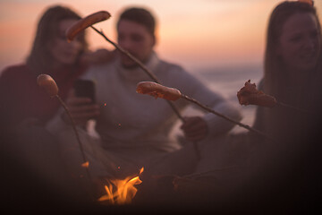 Image showing Group Of Young Friends Sitting By The Fire at beach