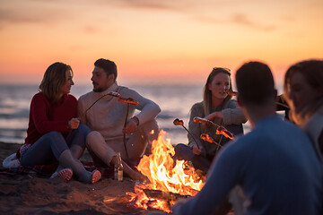 Image showing Group Of Young Friends Sitting By The Fire at beach