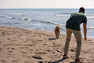 Image showing man with dog enjoying free time on the beach
