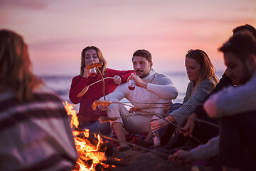 Image showing Group Of Young Friends Sitting By The Fire at beach