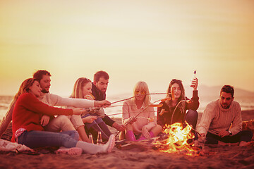 Image showing Group Of Young Friends Sitting By The Fire at beach