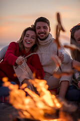 Image showing Group Of Young Friends Sitting By The Fire at beach