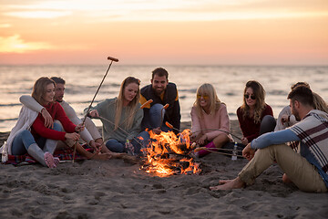 Image showing Group Of Young Friends Sitting By The Fire at beach