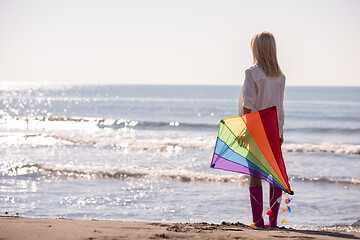 Image showing Young Woman with kite at beach on autumn day