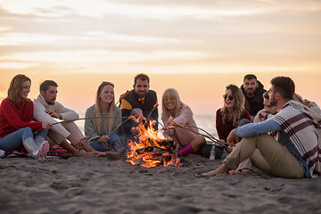 Image showing Group Of Young Friends Sitting By The Fire at beach