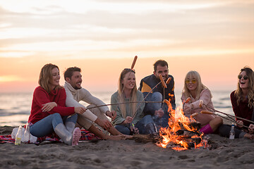 Image showing Group Of Young Friends Sitting By The Fire at beach