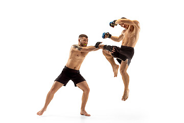 Image showing Two professional boxers boxing isolated on white studio background