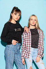 Image showing Close up fashion portrait of two young pretty hipster teens