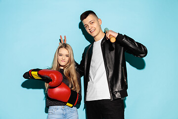 Image showing Close up fashion portrait of two young pretty hipster teens