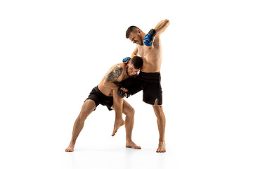 Image showing Two professional boxers boxing isolated on white studio background