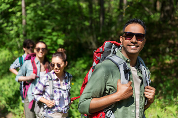 Image showing group of friends with backpacks hiking in forest