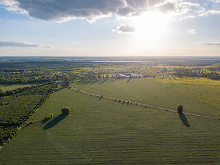 Image showing Aerial panoramic drone view of the countryside area on a sunny day.
