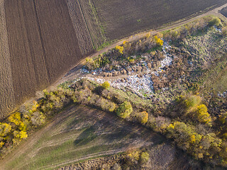 Image showing Bird-eye view from drone above landfill site from a garbage pile.