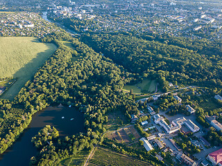 Image showing Aerial bird\'s eye from drone National Dendrological Park Sofiyivka in Uman city, Ukraine