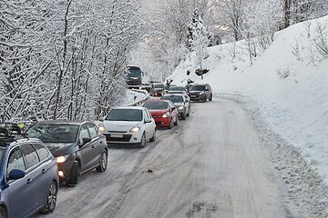 Image showing Road car congestion after snowfall in the Alps