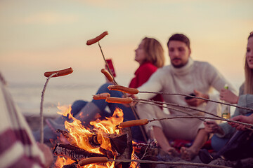 Image showing Group Of Young Friends Sitting By The Fire at beach