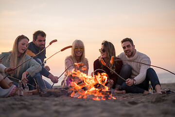 Image showing Group Of Young Friends Sitting By The Fire at beach