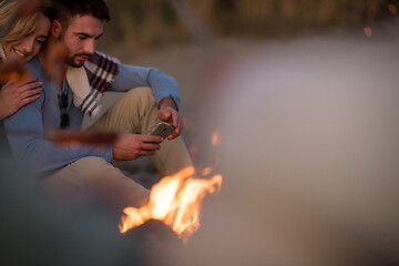 Image showing Group Of Young Friends Sitting By The Fire at beach