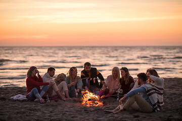 Image showing Group Of Young Friends Sitting By The Fire at beach