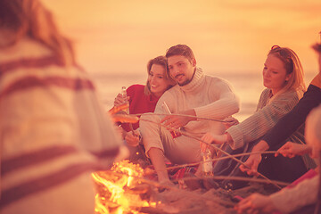 Image showing Group Of Young Friends Sitting By The Fire at beach