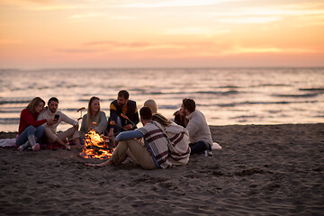 Image showing Group Of Young Friends Sitting By The Fire at beach