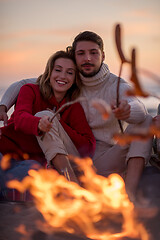 Image showing Group Of Young Friends Sitting By The Fire at beach