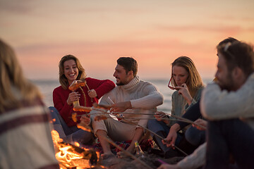 Image showing Group Of Young Friends Sitting By The Fire at beach