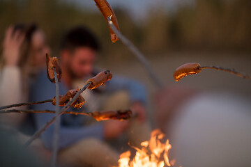 Image showing Group Of Young Friends Sitting By The Fire at beach