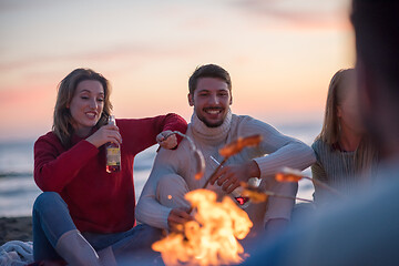 Image showing Group Of Young Friends Sitting By The Fire at beach