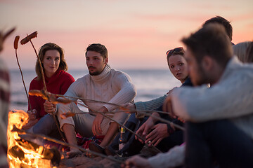 Image showing Group Of Young Friends Sitting By The Fire at beach