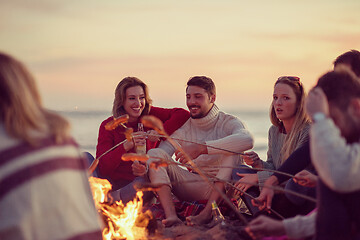 Image showing Group Of Young Friends Sitting By The Fire at beach