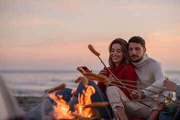 Image showing Group Of Young Friends Sitting By The Fire at beach