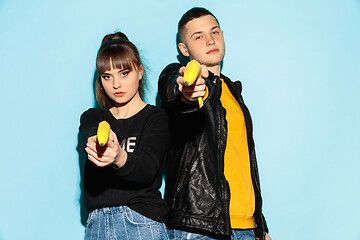 Image showing Close up fashion portrait of two young pretty hipster teens