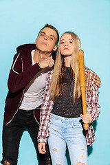 Image showing Close up fashion portrait of two young pretty hipster teens