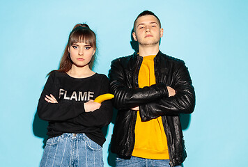 Image showing Close up fashion portrait of two young pretty hipster teens