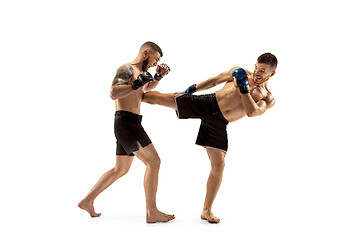 Image showing Two professional boxers boxing isolated on white studio background